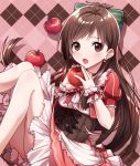  1girl apple argyle argyle_background blush bow brown_eyes brown_hair choker commentary corset dress earrings food frilled_sleeves frills fruit green_bow hair_bow heart heart_earrings holding holding_food holding_fruit idolmaster idolmaster_cinderella_girls jewelry legs long_hair looking_at_viewer open_mouth puffy_short_sleeves puffy_sleeves red_choker red_dress short_sleeves tsujino_akari tsukasa_kinako wrist_cuffs 