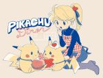  1girl :d apron black_shirt blonde_hair boots burger checkered_apron checkered_clothes cherry chuchu_(pokemon) food food_on_face fruit hair_ornament heart heart_hair_ornament holding holding_burger holding_food looking_at_another pika_(pokemon) pikachu pokemon pokemon_(creature) pokemon_adventures ponytail shirt smile twitter_username yellow_(pokemon) yui_ko 