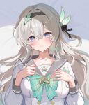  1girl bed_sheet black_hairband blush bow bowtie breasts buttons closed_mouth collarbone comiket_106 double-breasted firefly_(honkai:_star_rail) firefly_(spring_missive)_(honkai:_star_rail) gradient_eyes green_bow green_bowtie green_pupils grey_hair grey_sailor_collar hairband hands_on_own_chest highres honkai:_star_rail honkai_(series) long_hair looking_at_viewer medium_breasts multicolored_eyes plaid_bow plaid_bowtie plaid_clothes rrr_gns_(riuriu_1212) sailor_collar shirt solo two-tone_eyes upper_body white_shirt 