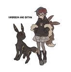  1girl absurdres backpack bag black-framed_eyewear black_boots black_hoodie boots brown_bag character_name closed_mouth commentary_request glasses hands_in_pockets highres hood hood_down hoodie ichi_kawa_ichi multicolored_hair pantyhose penny_(pokemon) pokemon pokemon_(creature) pokemon_sv red_hair round_eyewear see-through_clothes see-through_skirt short_hair shorts shorts_under_skirt skirt standing two-tone_hair umbreon white_background 