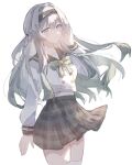  1girl belly black_hairband black_sailor_collar bow bowtie buttons collared_shirt double-breasted firefly_(honkai:_star_rail) firefly_(spring_missive)_(honkai:_star_rail) gradient_hair green_bow green_bowtie grey_hair grey_skirt hair_between_eyes hair_intakes hair_tie hairband highres honkai:_star_rail honkai_(series) long_hair long_sleeves minutes_(minutes_draw) multicolored_hair plaid_bow plaid_bowtie plaid_clothes pleated_skirt sailor_collar shirt simple_background skirt solo thighhighs white_background white_shirt white_sleeves white_thighhighs 