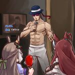  1boy 2girls animal_ears braid brown_hair crossed_arms ear_ribbon facial_hair fedora goatee hairband half_up_braid hat highres horse_ears horse_girl karaoke kiryu_kazuma kuroboshi_roki kuroda_takaya mihono_bourbon_(umamusume) multiple_girls muscular muscular_male music ryuu_ga_gotoku_(series) ryuu_ga_gotoku_1 satono_diamond_(umamusume) singing sunglasses topless_male trainer_kuronuma umamusume voice_actor_connection 