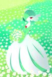  bob_cut colored_skin dress field flower flower_field gardevoir green_hair green_skin hair_over_one_eye highres multicolored_skin pokemon pokemon_(creature) rabbitfolly red_eyes signature smile two-tone_skin white_dress white_flower white_skin 
