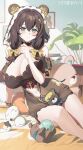  1girl absurdres airseal animal_ears animal_hood aqua_eyes arm_support bare_shoulders bear_ears bear_girl bear_hair_ornament bear_hood bear_pajamas bed_sheet between_legs blush book book_stack bow breasts brown_hair brown_hood cleavage closed_mouth commentary_request hair_between_eyes hair_bow hair_ornament hand_up highres hood indoors large_breasts long_hair looking_at_viewer navel official_alternate_costume on_bed open_mouth pajamas plant potted_plant smile solo strinova stuffed_animal stuffed_toy teddy_bear thighs yellow_bow yvette_(strinova) yvette_(yvette&#039;s_personal_clothing)_(strinova) 