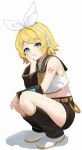 1girl absurdres aqua_eyes arm_support belt black_leg_warmers black_sailor_collar black_shorts black_sleeves blonde_hair bow detached_sleeves full_body grin hair_ornament hairclip headset highres kagamine_rin leg_warmers looking_at_viewer neckerchief number_tattoo orange_belt parallel_hairclips sailor_collar school_uniform shirt shoes short_hair shorts simple_background sleeveless sleeveless_shirt smile solo squatting tattoo vocaloid white_background white_bow white_shirt white_shoes yellow_neckerchief zhoulao 