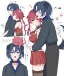  2girls animal_ears animalization bare_arms black_pants black_shirt black_thighhighs blue_eyes blue_hair blush breasts cat_ears cat_girl cat_tail closed_eyes closed_mouth collar commentary dog_ears dog_girl dog_tail fang gloves hand_on_another&#039;s_waist heterochromia highres hiodoshi_ao hololive houshou_marine hug hug_from_behind kemonomimi_mode large_breasts long_sleeves medium_hair mochi_jiro multiple_girls open_mouth pants paw_print pleated_skirt red_eyes red_shirt red_skirt shirt simple_background skirt smile symbol-only_commentary tail thighhighs translation_request twintails virtual_youtuber white_background white_gloves wolf_cut yellow_eyes yuri 
