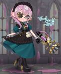  1girl apron black_apron black_boots black_gloves blue_dress blue_eyes boots closed_mouth collared_dress commission dress eyepatch frilled_apron frills full_body gloves hair_between_eyes highres holding holding_weapon long_hair looking_at_viewer maid_headdress multicolored_eyes octoling octoling_girl octoling_player_character one_eye_covered paint_splatter pink_hair puchiman puffy_short_sleeves puffy_sleeves purple_eyes second-party_source short_sleeves skeb_commission skirt_hold smile solo splatoon_(series) sploosh-o-matic_(splatoon) standing tentacle_hair thank_you weapon yellow_eyes 