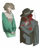  1boy 1girl aleph_(reverse:1999) alternate_costume black_coat black_hat black_jacket black_pants black_suit black_vest brown_hair cardigan coat coat_on_shoulders collar collared_shirt cosplay covered_eyes cowboy_shot cropped_legs crossed_arms fedora frilled_collar frills gloves green_cardigan green_eyes green_skirt grey_necktie hair_between_eyes hat hat_over_eyes highres hunting_(reverse:1999) hunting_(reverse:1999)_(cosplay) jacket long_hair long_sleeves necktie oji-sama_(ochi4t) open_cardigan open_clothes pants puffy_long_sleeves puffy_sleeves recoleta_(reverse:1999) red_gloves red_hair reverse:1999 shirt short_hair skirt suit suit_jacket vest waistcoat white_background white_shirt 