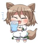  1girl :3 :d animal_ear_fluff animal_ears barefoot blush brown_hair chibi chibi_only closed_eyes commentary_request cup drinking_glass fox_ears fox_girl fox_tail full_body green_ribbon holding holding_cup ice ice_cube ko~n kudamaki_tsukasa neck_ribbon open_mouth ribbon rokugou_daisuke romper short_hair short_sleeves signature simple_background sleeve_ribbon smile solo standing tail touhou water white_background white_romper 