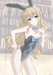  1girl animal_ear_hairband animal_ears ata_(tsumari) blonde_hair blue_bow blue_bowtie blue_eyes blue_hairband blue_leotard blush bow bowtie breasts cleavage commentary_request cowboy_shot detached_collar fake_animal_ears fishnet_pantyhose fishnets hairband hand_on_own_chest hand_on_own_hip highres leotard long_hair looking_at_viewer original pantyhose playboy_bunny rabbit_ear_hairband rabbit_ears rabbit_tail sketch small_breasts smile solo tail wavy_hair wrist_cuffs 