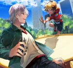  2boys amanogawa_ryuusei andou_loid aqua_shorts arm_up beard_stubble belt belt_pouch black_hair black_pants blonde_hair blue_sky brown_belt brown_eyes building caesar_kaiser_emperor child cloud collared_jacket commentary_request facial_hair giraffe_stag_beetle green_eyes green_jacket grey_hair hercules_beetle highres holding holding_toy jacket jinzou_konchuu_kabutoborg_vxv jumping kuroda_(kuro_yyy) male_focus multiple_boys open_mouth outdoors pants pouch red_jacket red_shoes shirt shoes short_hair shorts sky skyscraper smile sneakers stag_beetle standing stubble tomcat_red_beetle_(kabutoborg) toy toy_car tree white_shirt wristband 