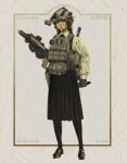  1girl absurdres ammunition_pouch assault_rifle black_gloves black_hair black_skirt bulletproof_vest bullpup chainsaw_man dual_wielding fanny_pack gloves gun handgun headset helmet highres holding holding_knife kenzarts1 knife long_hair looking_at_viewer magazine_(weapon) night_vision_device pouch red_eyes rifle scar scar_on_face school_uniform skirt walkie-talkie weapon yoru_(chainsaw_man) 