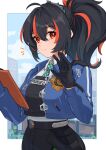  1girl absurdres black_gloves black_hair blue_jacket border breasts chawarabi checkered_necktie clipboard gloves hairband high-waist_pants highres holding holding_clipboard jacket looking_at_viewer metal_hairband multicolored_hair necktie notice_lines outside_border pants police police_badge police_uniform policewoman ponytail red_eyes red_hair smile solo streaked_hair tight_clothes tight_pants upper_body waving white_border zenless_zone_zero zhu_yuan 