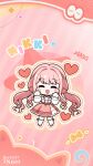  1girl ^_^ belt black_belt blush_stickers bow bow_legwear bra_strap brown_ribbon center_frills chibi choker closed_eyes dotted_line frilled_skirt frilled_sleeves frills hair_intakes hair_ribbon halftone hands_on_own_cheeks hands_on_own_face heart highres infinity_nikki kneehighs layered_skirt long_hair long_sleeves low_twintails medium_skirt nikki_(nikki) nikki_(series) off-shoulder_shirt off_shoulder official_art official_wallpaper open_mouth outline perfect_start_(infinity_nikki) pink_background pink_bow pink_choker pink_hair pink_shoes pink_skirt pleated_skirt puffy_long_sleeves puffy_sleeves ribbon second-party_source shirt shoes sidelocks skirt smile socks solo standing star_(symbol) striped_background tress_ribbon twintails very_long_hair wavy_hair white_shirt white_skirt white_socks yellow_outline 