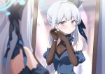  1girl black_gloves blue_archive blue_dress blue_halo breasts detached_sleeves dress earrings eko elbow_gloves gloves grey_hair halo jewelry long_hair medium_breasts mirror miyako_(blue_archive) puffy_short_sleeves puffy_sleeves purple_eyes reflection short_sleeves 