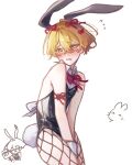  1boy animal_ears black_leotard blonde_hair embarrassed fake_animal_ears fake_tail fishnet_pantyhose fishnets highres leotard limbus_company looking_at_viewer male_focus male_playboy_bunny open_mouth pantyhose playboy_bunny project_moon rabbit_ears rabbit_tail red_ribbon ribbon short_hair simple_background sinclair_(project_moon) solo standing strapless strapless_leotard tail upper_body wai_yo white_background wrist_cuffs yellow_eyes 