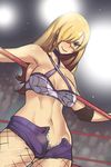  bad_id bad_pixiv_id blonde_hair breasts chromatic_aberration cleavage denim denim_shorts facepaint fishnet_pantyhose fishnets harabacho_(gkfkqkch1) large_breasts long_hair navel original pantyhose pubic_hair shorts solo spider_web_print unbuttoned unzipped wrestling_ring yellow_eyes 