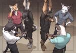 abs ankles_tied anthro arms_tied athletic athletic_anthro athletic_male balls black_body black_fur black_nose bodily_fluids bound canid canine canis captured clothed clothed/nude clothing collared_shirt dobermann domestic_cat domestic_dog felid feline felis forced forced_exposure foreskin fur genitals group hanging_by_arms hi_res humanoid_genitalia interspecies kemono laugh laughing_at male male/male mammal measuring measuring_penis multicolored_body multicolored_fur nipples nude nude_anthro nude_male penis pink_nose pinscher pngx pointy_ears shadow shiba_inu shirt siamese spitz sweat sweatdrop topwear two_tone_body two_tone_fur whistling