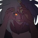  blue_hair blue_lips claws colored_skin demon_girl duel_monster facial_mark heart heart_hands messy_hair multicolored_hair orange_eyes pink_skin smile spiked_hair ta6ypaaa third_eye white_hair yu-gi-oh! yu-gi-oh!_gx yubel 