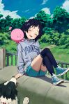  1girl 1other absurdres alien blue_hair blue_hoodie blue_shorts blue_sky blue_socks blush closed_eyes cloud cloudy_sky day dog fence flower grass hair_flower hair_ornament highres hood hood_down hoodie iron_fence kneehighs kuze_shizuka laughing long_sleeves medium_hair open_mouth outdoors shoes shorts sitting sky smile sneakers socks some1else45 takopii takopii_no_genzai teeth tongue tree white_flower 