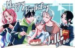 2boys 3girls alien_stage birthday birthday_cake black_hair black_shirt blue_hair blue_jacket blue_necktie brown_cardigan cake cardigan cellphone character_name closed_eyes collared_shirt commentary dated english_commentary food fork gift glasses green_hoodie grey_hair happy_birthday hat highres holding holding_fork holding_gift holding_phone hood hoodie io_(alien_stage) ivan_(alien_stage) jacket jacket_over_hoodie kuradrawings long_hair low_ponytail mizi_(alien_stage) multicolored_hair multiple_boys multiple_girls necktie official_alternate_costume open_mouth party_hat phone pink_hair ponytail purple_eyes round_eyewear school_uniform shirt short_hair smartphone smile sua_(alien_stage) till_(alien_stage) two-tone_hair very_long_hair very_short_hair white_shirt yellow_eyes 