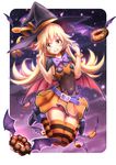  ankle_boots bai_linqin bakemonogatari bat_wings belt blonde_hair boots bracelet cape clenched_teeth double_v doughnut dress folded_leg food french_cruller grimace halloween halloween_costume hat hat_ribbon highres jewelry jumping kiss-shot_acerola-orion_heart-under-blade layered_dress long_hair looking_at_viewer macaron md5_mismatch monogatari_(series) oshino_shinobu pon_de_ring ribbon rounded_corners solo star starry_background striped striped_legwear teeth thighhighs v wings witch_hat yellow_eyes 