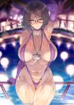  1girl arm_behind_head arm_support arm_up armpits ass_visible_through_thighs black_hair blue_eyes blurry blurry_background blush breasts breasts_apart choker closed_mouth collarbone commentary_request cowboy_shot elbow_gloves glasses gloves groin hair_between_eyes halterneck highres id_card lanyard large_breasts looking_at_viewer mole mole_on_thigh mole_under_mouth multiple_moles navel original purple_choker purple_gloves purple_slingshot_swimsuit short_hair slingshot_swimsuit solo straight-on swimsuit wakura_(gcdan) water_drop wet 