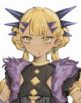  1girl aged_down blonde_hair breasts chin_piercing dark-skinned_female dark_skin dragon_girl dragon_horns face_piercing facial_mark fate/grand_order fate_(series) fgo_si highres horns long_hair looking_at_viewer piercing small_breasts smile solo vritra_(fate) yellow_eyes 