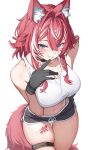 1girl animal_ears bare_arms bare_shoulders black_choker black_gloves black_shorts braid breasts choker cleavage cowboy_shot crop_top dog_ears dog_girl dog_tail dolphin_shorts drawstring finger_to_mouth gloves grin hand_on_own_hip hand_up highres indie_virtual_youtuber komagami_fuuro large_breasts leg_tattoo long_hair looking_at_viewer midriff multicolored_hair navel panty_straps purple_eyes red_hair shirt short_shorts shorts simple_background skindentation sleeveless sleeveless_shirt smile solo stomach streaked_hair tail tank_top tattoo thigh_strap thighs torisanff14 virtual_youtuber white_background white_shirt 