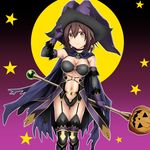  bad_id bad_pixiv_id breasts brown_eyes brown_hair cape cleavage earrings elbow_gloves garter_straps gloves hair_between_eyes halloween_costume hat highres jewelry kantai_collection kuromayu medium_breasts navel shiratsuyu_(kantai_collection) short_hair solo staff thighhighs underboob witch_hat 