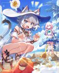  2girls absurdres adapted_costume alternate_costume animal_ears battery_indicator beach blue_eyes blue_shorts blue_sky camera cat_ears cat_girl cat_tail cipher_(honkai:_star_rail) clothes_around_waist coin commentary crab dress ears_through_headwear english_commentary fang gold_coin grey_hair hat highres holding holding_camera honkai:_star_rail honkai_(series) jacket jacket_around_waist k3nzoteruta march_7th_(honkai:_star_rail) medium_hair mole mole_under_mouth multiple_girls open_mouth outdoors pink_hair sandals shirt short_hair_with_long_locks shorts skin_fang sky sun_hat sundress tail tied_shirt toes viewfinder 
