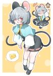  1girl animal_ear_fluff animal_ears bent_over bishamonten&#039;s_pagoda blue_capelet blush capelet ch00suke closed_eyes dress full_body grey_hair hair_over_eyes hair_over_one_eye highres image_in_speech_bubble jewelry long_sleeves looking_at_viewer mouse_ears mouse_tail nazrin necklace open_mouth red_eyes shirt socks solo spoken_food sweatdrop tail teeth touhou upper_teeth_only white_sleeves white_socks 