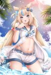  1girl animal_ears bikini bikini_under_clothes blonde_hair blue_bikini blue_bow blue_eyes blue_hair blue_nails blue_sky bow breasts cat_ears closed_mouth dress fins fish_girl fish_tail hair_bow highleg highleg_bikini highres indie_virtual_youtuber lifebuoy_hair_ornament long_hair looking_at_viewer low_twintails multicolored_hair nail_polish navel palm_leaf popcornflakes sameko_saba short_shorts shorts sky sleeveless sleeveless_dress small_breasts smile solo swimsuit tail tongue tongue_out twintails two-tone_hair very_long_hair virtual_youtuber wading water white_dress white_shorts 