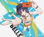  1girl belle_(summer_skies)_(zenless_zone_zero) belle_(zenless_zone_zero) bikini bikini_under_clothes bikini_under_shorts black_nails blue_hair breasts bucket_hat cleavage crossed_bangs earrings full_body green_eyes hat highres holding holding_phone jewelry navel off-shoulder_shirt off_shoulder official_alternate_costume okutogi orange_bikini orange_shorts phone see-through_clothes see-through_shirt shirt short_shorts shorts smile swimsuit tied_shirt w white_shirt zenless_zone_zero 