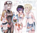  4girls @_@ belle_(zenless_zone_zero) bikini blonde_hair blue_hair blue_sarong breasts bucket_hat covered_navel diving_suit dress genshin_impact green_eyes grey_hair hat highres honkai:_star_rail honkai_(series) lumine_(genshin_impact) medium_breasts medium_hair mihoyo multiple_girls navel official_alternate_costume orange_shorts paimon_(genshin_impact) sarong shirt short_hair short_hair_with_long_locks short_shorts shorts speech_bubble stelle_(honkai:_star_rail) swimsuit tied_shirt trailblazer_(honkai:_star_rail) translation_request upside-down white_bikini white_dress white_hair x_x_(batttsu_404) yellow_eyes zenless_zone_zero 