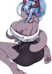  1girl absurdres ass back bare_shoulders black_skirt blue_hair blush breasts choker cleavage collared_shirt colored_skin dress_shirt fate/grand_order fate_(series) fishnet_pantyhose fishnets grey_skin hair_bun harurukan highres horns ibuki_douji_(event_portrait)_(fate) ibuki_douji_(fate) ibuki_douji_(swimsuit_berserker)_(fate) large_breasts long_hair long_sleeves looking_at_viewer looking_back miniskirt multicolored_hair off_shoulder office_lady oni pantyhose pencil_skirt pink_hair pointy_ears red_eyes shirt sidelocks single_hair_bun skirt smile solo tail white_shirt 