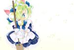  1girl ahoge animal_hat apron baron-0628 bell black_dress blue_eyes broom cat_hat closed_mouth dejiko di_gi_charat dress green_hair hat highres holding holding_broom jingle_bell looking_to_the_side mittens neck_bell short_hair solo upper_body white_apron white_mittens 