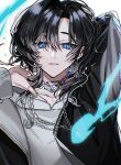  1other arm_behind_head black_hair black_jacket blue_eyes chain chain_necklace earrings highres hood hoodie indie_utaite jacket jewelry jyuka_en long_sleeves looking_at_viewer medium_hair necklace parted_bangs solo unnamed_(utaite) utaite white_background white_hoodie 