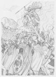  1girl 6+boys armor brunhilda_(mythology) cape chainmail christian_sloan_hall cremation death fire funeral helmet highres holding holding_shield holding_sword holding_weapon horse horseback_riding multiple_boys norse_mythology riding saddle shield siegfried_(nibelungenlied) sword valkyrie viking weapon 