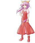  1girl alphes_(style) belt boots bracelet breasts buttons closed_mouth collared_shirt commentary_request dairi dress dress_shirt full_body hair_ribbon hand_on_own_hip high_ponytail highres jewelry large_variant_set legs_apart long_hair looking_at_viewer o-ring parody platform_boots ponytail puffy_short_sleeves puffy_sleeves purple_belt purple_hair red_boots red_dress ribbon shirt short_sleeves small_breasts smile solo standing style_parody tachi-e touhou transparent_background undershirt variant_set watatsuki_no_yorihime white_shirt yellow_ribbon 