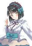  1girl absurdres black_hair blue_hairband blunt_bangs blunt_ends blush bob_cut bow_hairband breasts brown_hairband center_frills closed_mouth commentary embarrassed frilled_hairband frilled_shirt frills frown green_eyes hairband highres link!_like!_love_live! long_sleeves looking_at_viewer love_live! love_live!_series_anniversary_parade medium_breasts momose_ginko official_alternate_costume ponyou1030 raised_inner_eyebrows selfie shirt short_hair simple_background skirt solo split_mouth two-tone_hairband upper_body virtual_youtuber white_background white_shirt yellow_skirt 