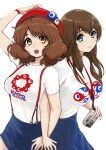  2girls arm_up beret blue_eyes blue_skirt bracelet breasts brown_hair camera closed_mouth commentary cowboy_shot curly_hair expo2025 hat hibike!_euphonium highres holding holding_camera jewelry kuroe_mayu lanyard large_breasts locked_arms long_hair looking_at_viewer medium_breasts medium_hair multiple_girls myaku-myaku open_mouth oumae_kumiko red_hat shirt side-by-side skirt suspender_skirt suspenders tono51044448 white_background white_shirt yellow_eyes 