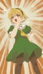  1girl aura black_hairband black_pantyhose blonde_hair blush dress fang green_dress hairband highres higurashi_no_naku_koro_ni houjou_satoko laughing looking_at_viewer morisata neckerchief ojou-sama_pose open_mouth pantyhose puffy_short_sleeves puffy_sleeves red_eyes sailor_collar sailor_dress short_hair short_sleeves skin_fang smile solo sparkle white_sailor_collar yellow_neckerchief 
