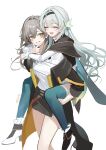  2girls absurdres aqua_thighhighs black_coat black_hairband carrying closed_eyes coat cropped_jacket firefly_(honkai:_star_rail) grey_hair grin hair_between_eyes hair_ornament hairband highres honkai:_star_rail honkai_(series) long_hair long_sleeves looking_at_another meoyo multiple_girls open_clothes open_coat open_mouth piggyback shirt simple_background smile stelle_(honkai:_star_rail) thighhighs trailblazer_(honkai:_star_rail) twitter_username unfinished white_background white_shirt yellow_eyes 