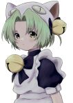  1girl ahoge animal_hat apron arms_at_sides bell cat_hat closed_mouth curtained_hair dejiko di_gi_charat expressionless green_eyes green_hair hair_bell hair_ornament hat highres jingle_bell looking_at_viewer maka_arrs26 neck_bell simple_background white_apron white_background 