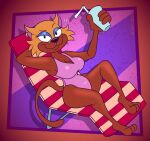 abstract_background alternate_version_at_paywall anthro beach_chair blue_eyeshadow breasts cleavage clothed clothing container cup digital_drawing_(artwork) digital_media_(artwork) ear_piercing ear_ring eyeshadow felid female fur gavanzude glistening glistening_body hand_behind_head hi_res kidd_video lion makeup mammal multicolored_body multicolored_fur one-piece_swimsuit pantherine piercing red_body red_fur ring_piercing she_lion_(copycats) signature sitting smug solo swimwear two_tone_body two_tone_fur wide_hips