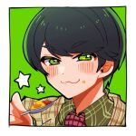  10070414 1boy black_hair border commentary_request food food_on_face green_background green_eyes green_shirt highres holding holding_spoon jacket looking_at_viewer male_focus necktie no.1_sentai_gozyuger plaid_clothes plaid_jacket plaid_necktie plaid_shirt red_necktie shirt short_hair solo spoon star_(symbol) super_sentai takehara_kinjiro thumbs_up tokusatsu upper_body white_border yellow_jacket 