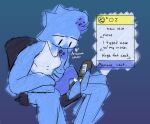 absurd_res animal_humanoid arsinnamon blue_body bodily_fluids bottomless cephalopod cephalopod_humanoid chair clothed clothing cum furniture genital_fluids gynomorph hi_res humanoid intersex jess_(arsinnamon) leaking_precum marine marine_humanoid mollusk mollusk_humanoid office_chair partially_clothed precum pseudo_hair shirt sketch solo squid_humanoid tank_top tentacle_hair tentacles text topwear