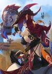  1girl aircraft ass asymmetrical_legwear bare_shoulders blue_eyes blurry blurry_background chasca_(genshin_impact) day earrings feathers genshin_impact gloves hat highres hot_air_balloon icemandg jacket jewelry long_hair open_clothes open_jacket outdoors pointy_ears red_hair signature sunlight torch 