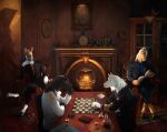 anthro blue_eyes book chair chess clothed clothing equid equine fireplace front_view fur furniture grey_body grey_hair group hair hi_res holding_book holding_object horse inside male male_anthro mammal mouth_closed narrowed_eyes orange_body orange_hair satanic_monkey side_view sitting table white_body white_fur white_hair